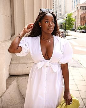 The Drop Women's Bright White Puff-Sleeve Front-Bow Button